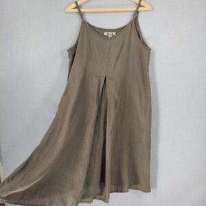 FLAX Linen Dress S Olive Green Sleeveless Pockets Lagenlook Minimalist Midi